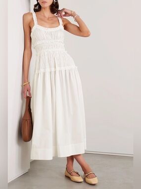 NEW DÔEN Marianne Organic Cotton Poplin Midi Dress In Salt Size L